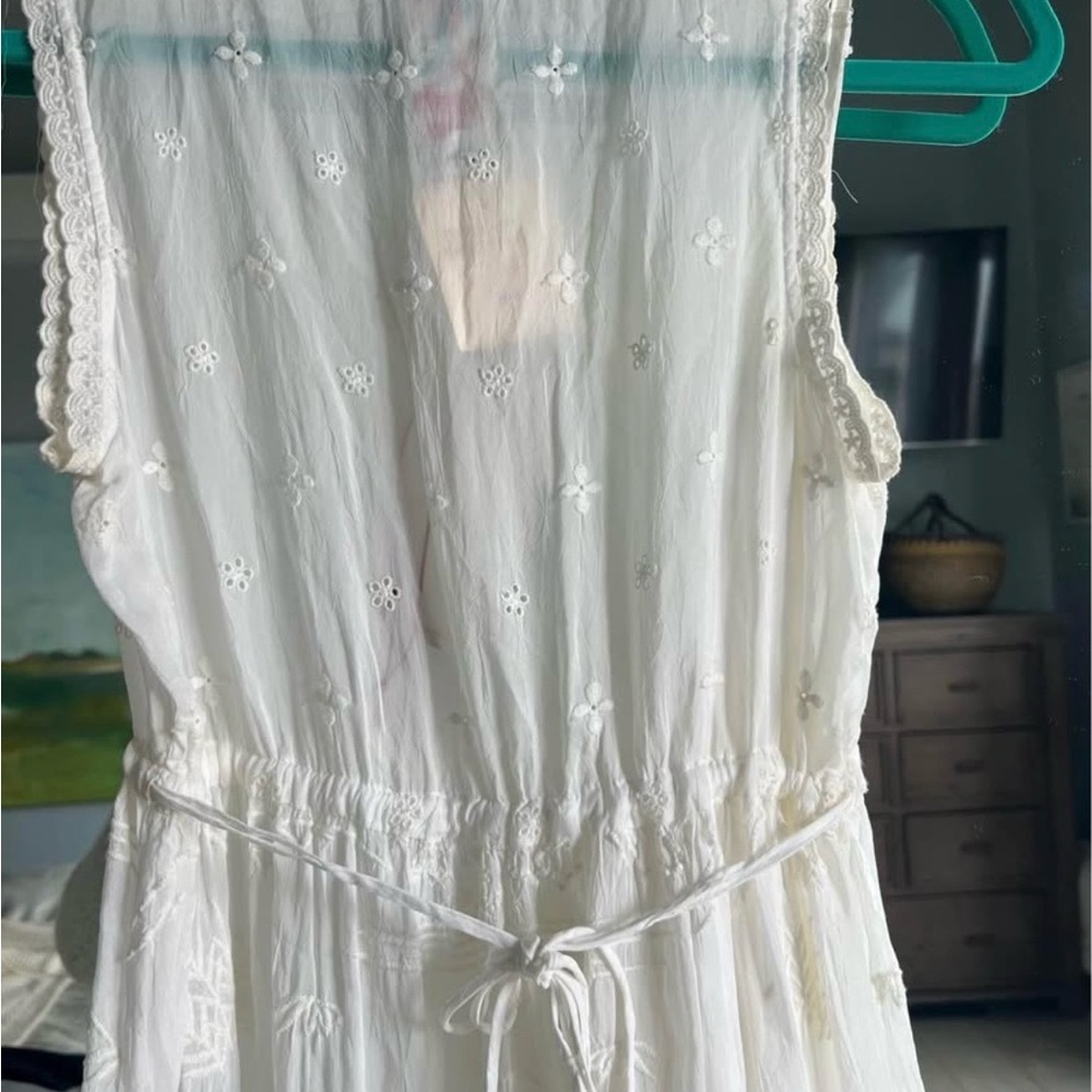 Johnny Was White Eyelet Drawstring Tank Dress with Floral Tag - Picture 5 of 5